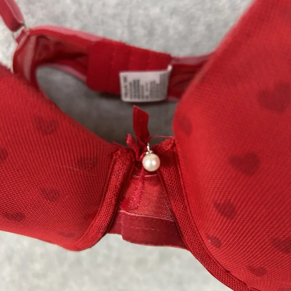TALLA Women’s Size 36C Red Heart Padded Underwire Bra With Bow And Faux Pearl
